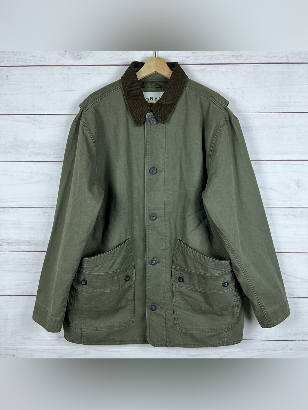 Orvis Field Jacket Men's L Green Barn Chore Coat Corduroy Collar Utility Quilted